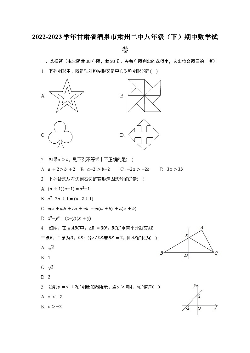 2022-2023学年甘肃省酒泉市肃州二中八年级（下）期中数学试卷（含解析）第1页
