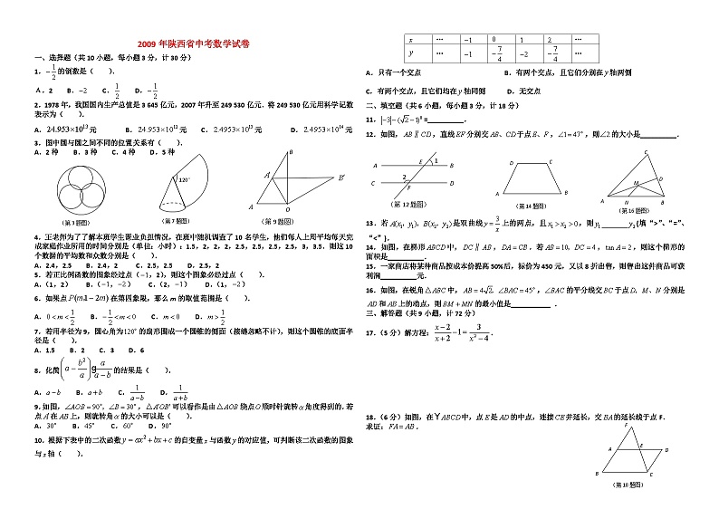 2009年至2018年陕西省十年中考数学试卷附答案（微信支付）第1页