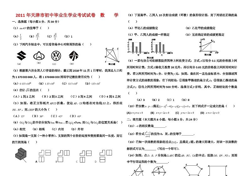2011年天津市中考数学试卷第1页