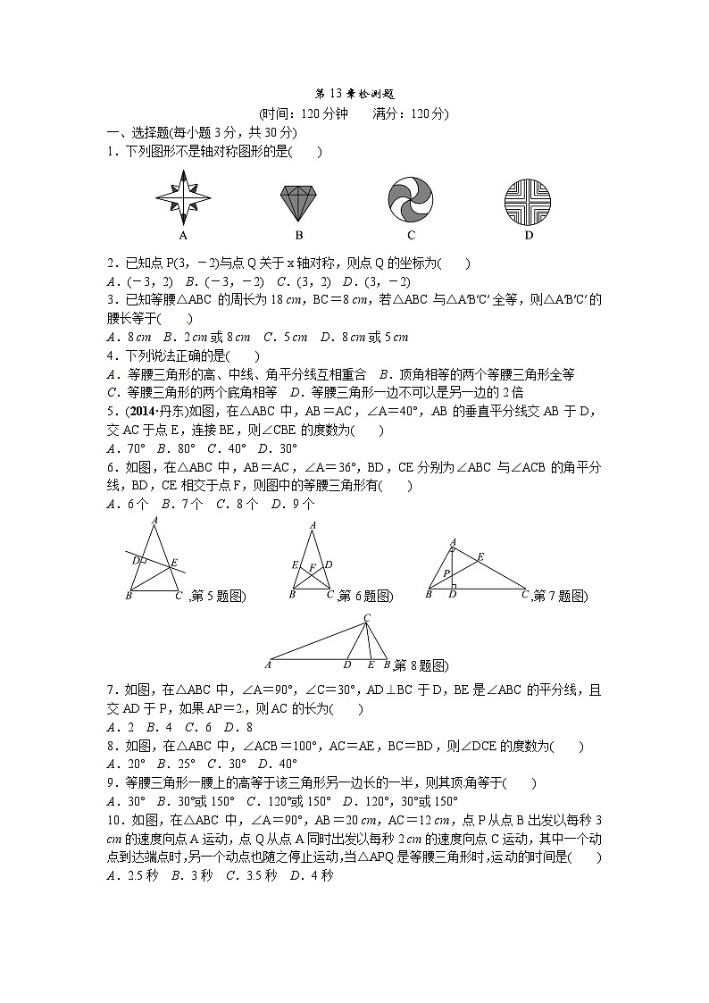 八年级数学上册单元检测第13章 轴对称检测题含答案第1页