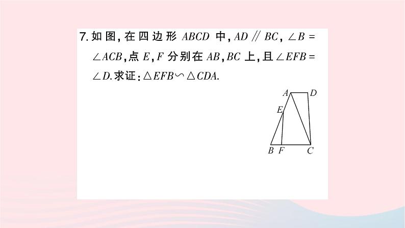 2023九年级数学上册第3章图形的相似3.4相似三角形的判定与性质3.4.1相似三角形的判定第2课时相似三角形的判定定理1作业课件新版湘教版08