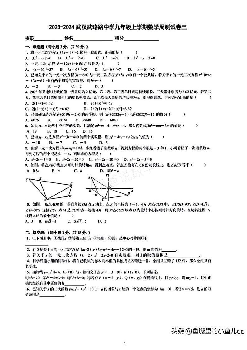 2023武珞路实验中学九年级周测数学试卷01