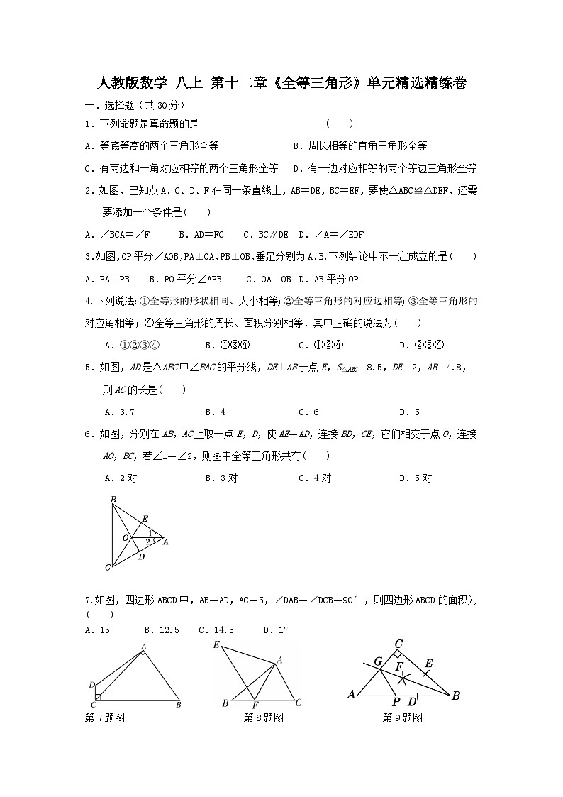 人教版数学 八上 第12章全等三角形 单元精选精练卷01