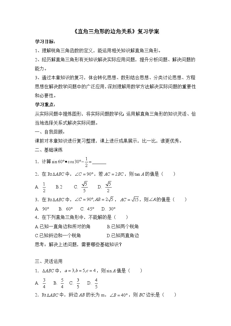 鲁教版五四制数学九上《直角三角形的边角关系》复习教案第1页