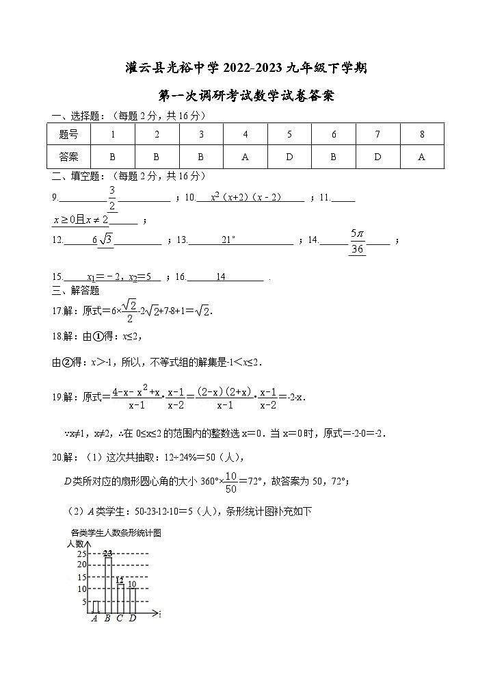 灌云县光裕中学2022-2023九年级下学期第一次调研考试数学试卷答案第1页