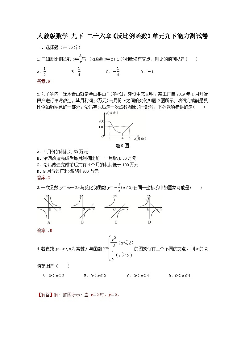人教版数学 九下 第26章 反比例函数 单元精选能力测试卷01