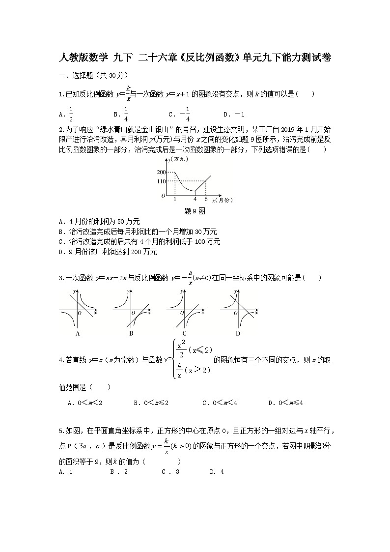 人教版数学 九下 第26章 反比例函数 单元精选能力测试卷01