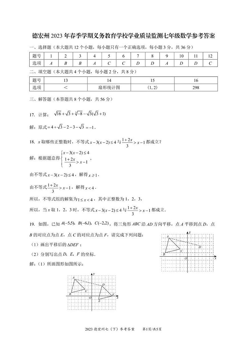 云南省德宏州2022-2023学年七年级下学期数学期末考试答案第1页