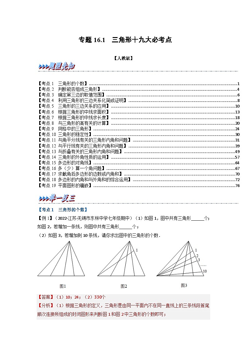 八年级数学上册专题16.1 期中期末专项复习之三角形十九大必考点（举一反三）（人教版）（原卷版+解析版）01