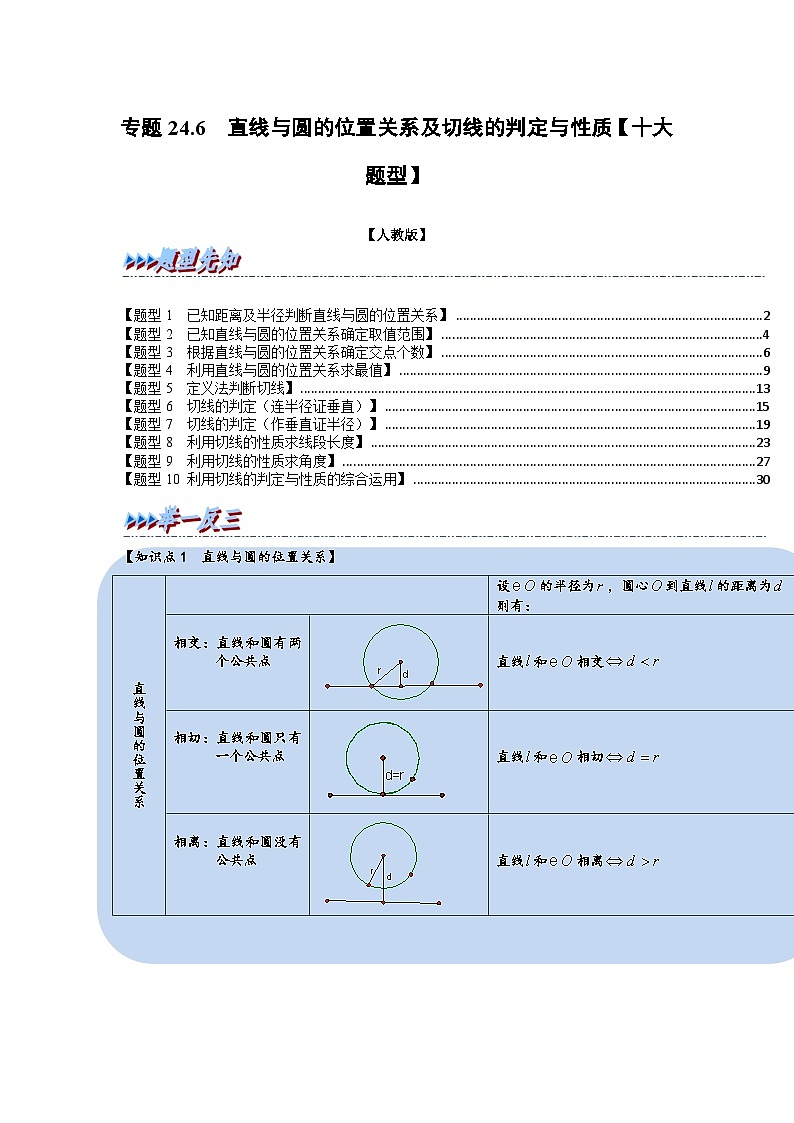 2023年九年级数学上册专题24.6 直线与圆的位置关系及切线的判定与性质【十大题型】（举一反三）（人教版）（原卷版+解析版）01