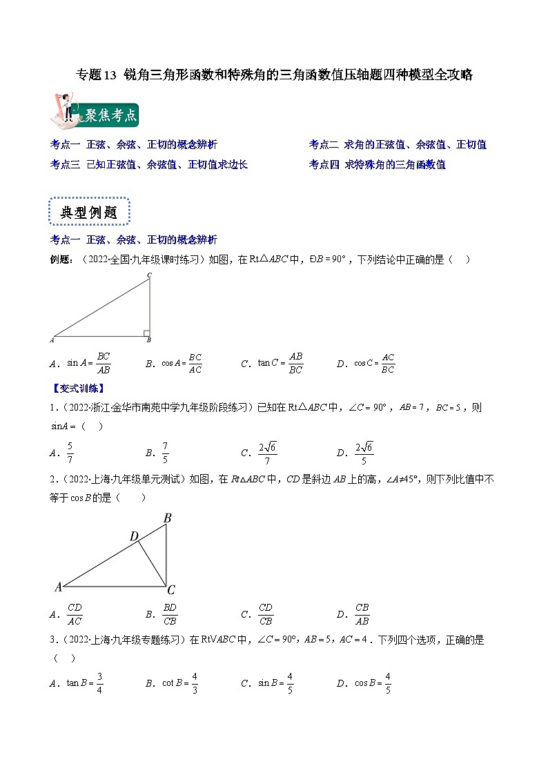 专题13 锐角三角形函数和特殊角的三角函数值压轴题四种模型全攻略-【常考压轴题】2022-2023学年九年级数学下册压轴题攻略（苏科版）01