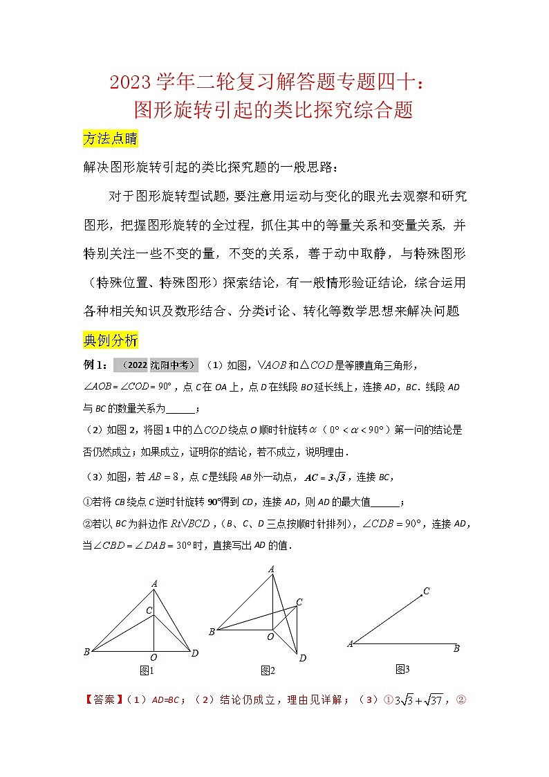 2023学年二轮复习解答题专题四十：图形旋转引起的类比探究综合题（解析版）第1页