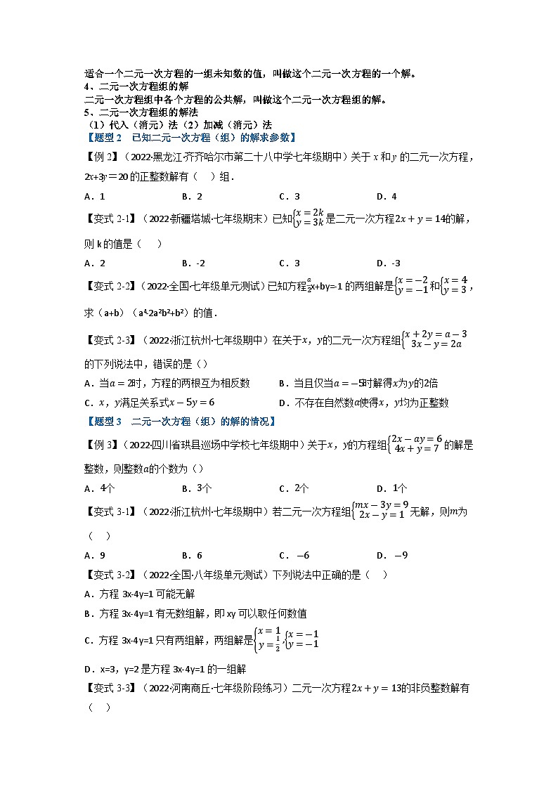 2024年七年级数学下册专题8.1 二元一次方程组及其解法【九大题型】（举一反三）（人教版）（原卷版+解析卷）02