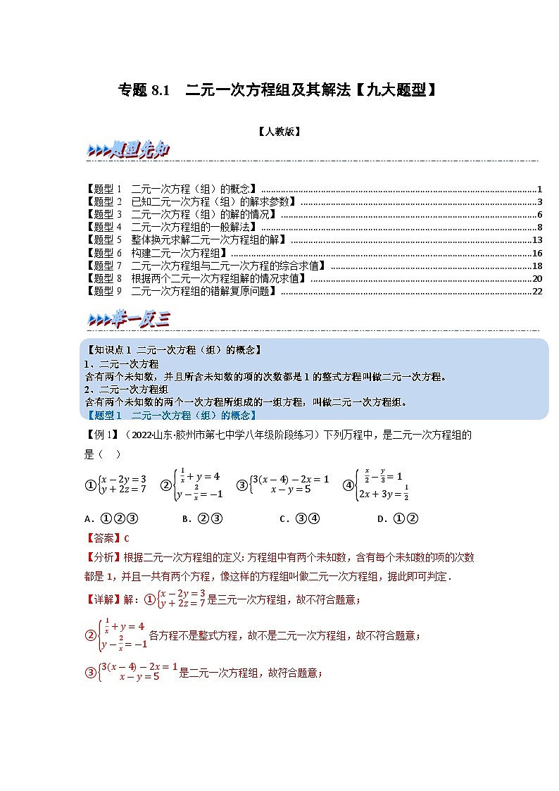 2024年七年级数学下册专题8.1 二元一次方程组及其解法【九大题型】（举一反三）（人教版）（原卷版+解析卷）01