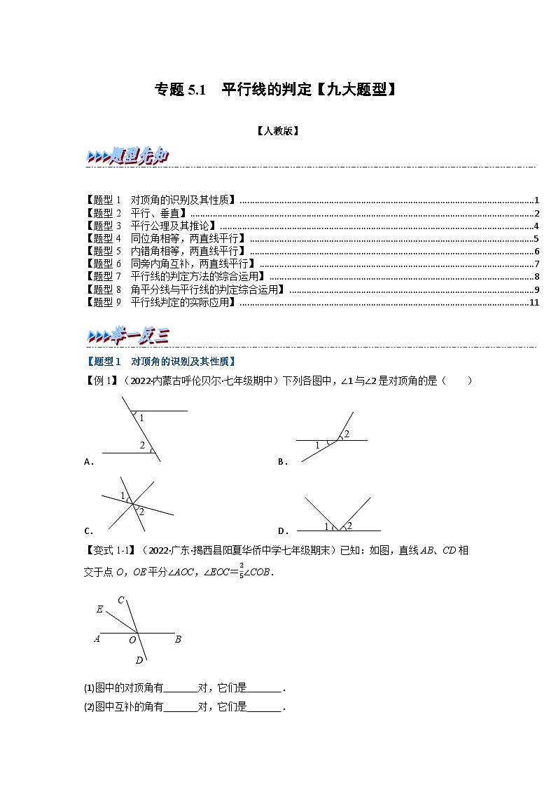 2024年七年级数学下册专题5.1 平行线的判定【九大题型】（举一反三）（人教版）（原卷版+解析卷）01