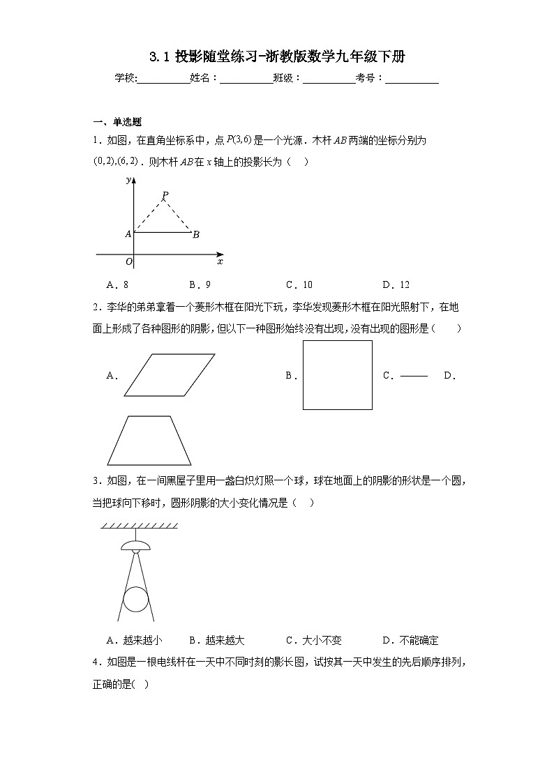 3.1投影随堂练习-浙教版数学九年级下册01