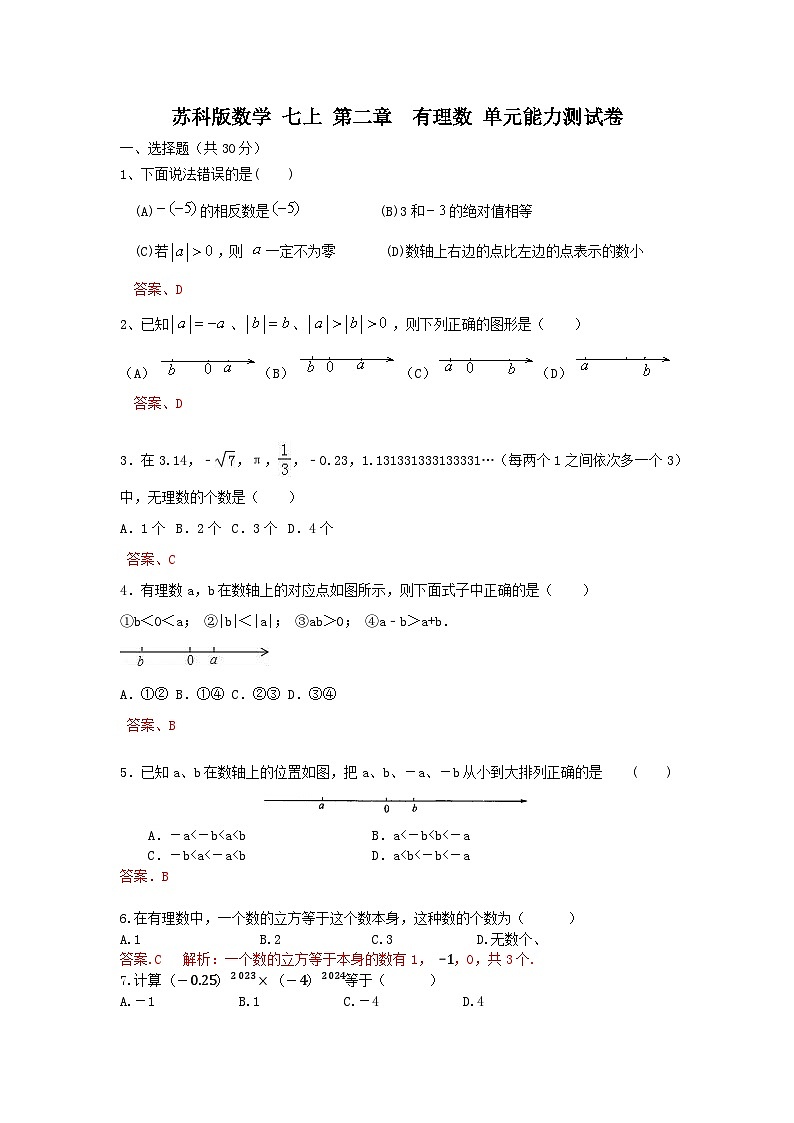 苏科版数学七上 第二章 有理数单元能力测试卷（困难）01