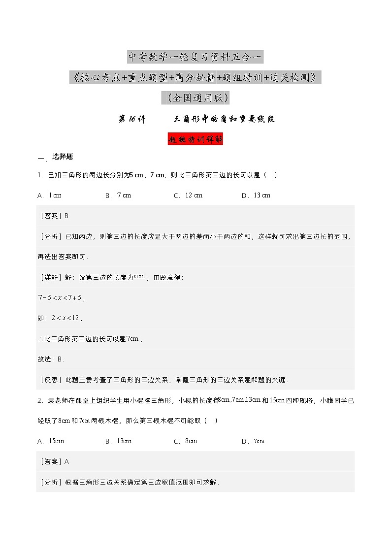 第16讲 三角形中的角和重要线段（解析版） 第1页