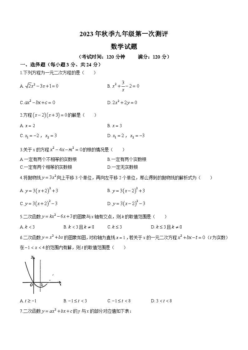 湖北省黄冈市思源实验学校2023-2024学年九年级上学期第一次月考数学试题(无答案)01