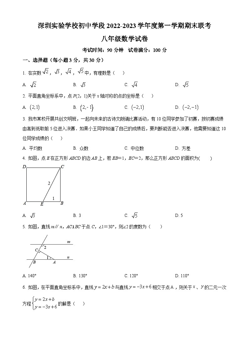 精品解析：广东省深圳实验学校初中学段2022-2023学年八年级上学期期末考试数学试卷（原卷版）第1页