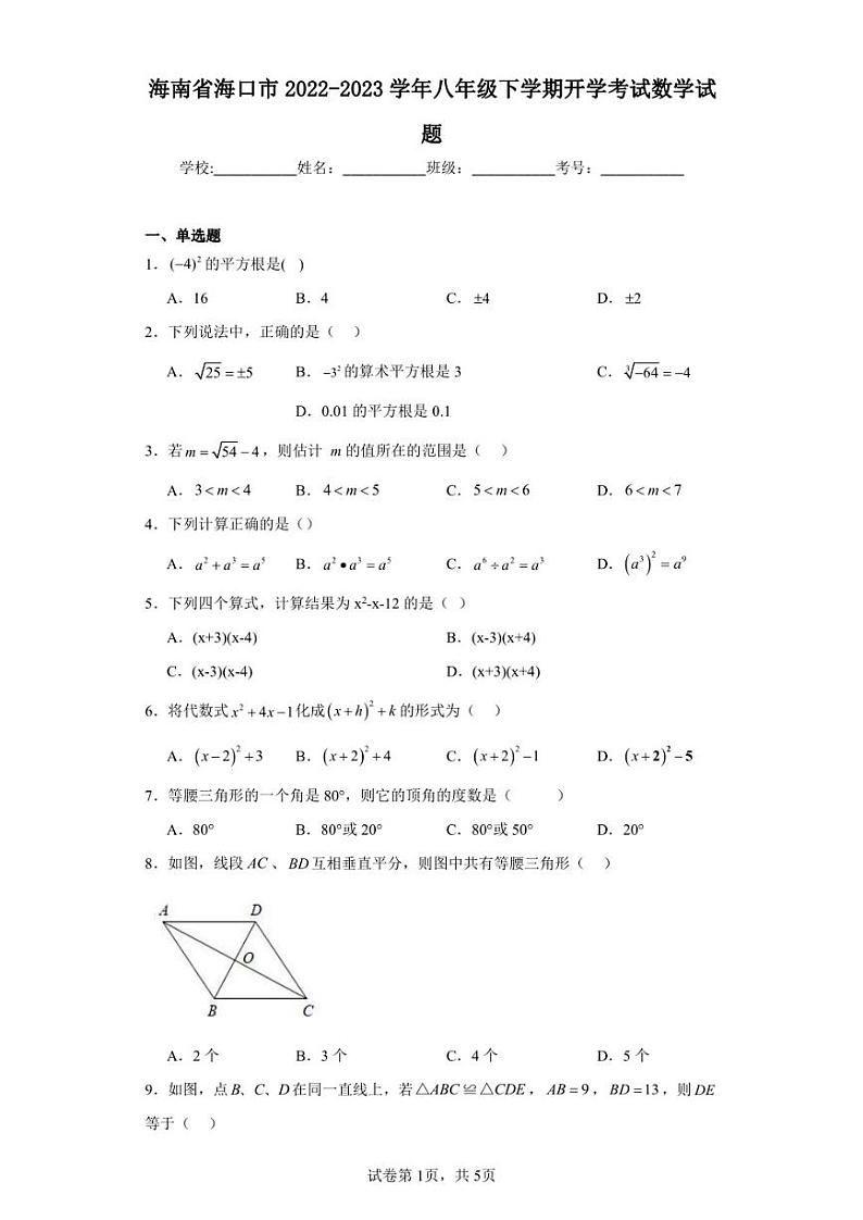 海南省海口市2022-2023学年八年级下学期开学考试数学试题01