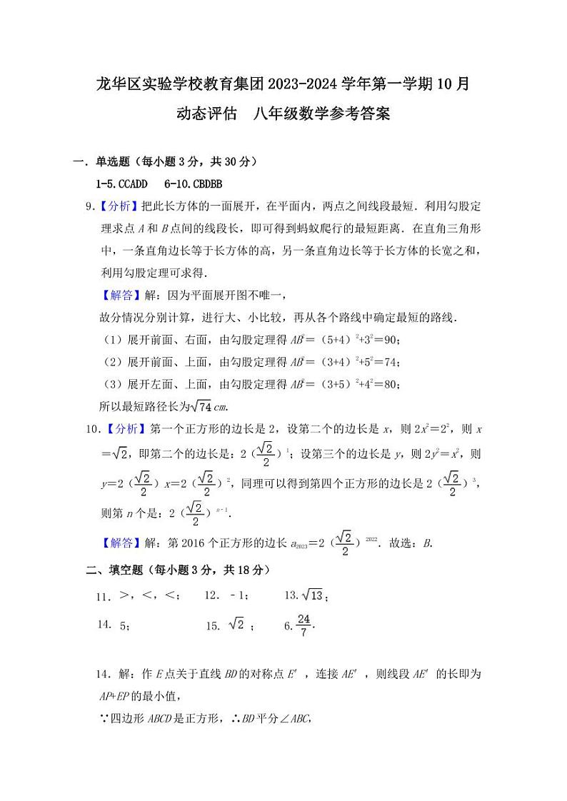 广东省深圳市龙华区实验学校教育集团2023-2024学年八年级上学期10月动态评估数学试卷01