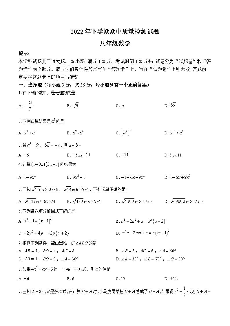 湖南省衡阳市衡阳县部分校联考2022-2023学年八年级上学期期中数学试题(无答案)第1页