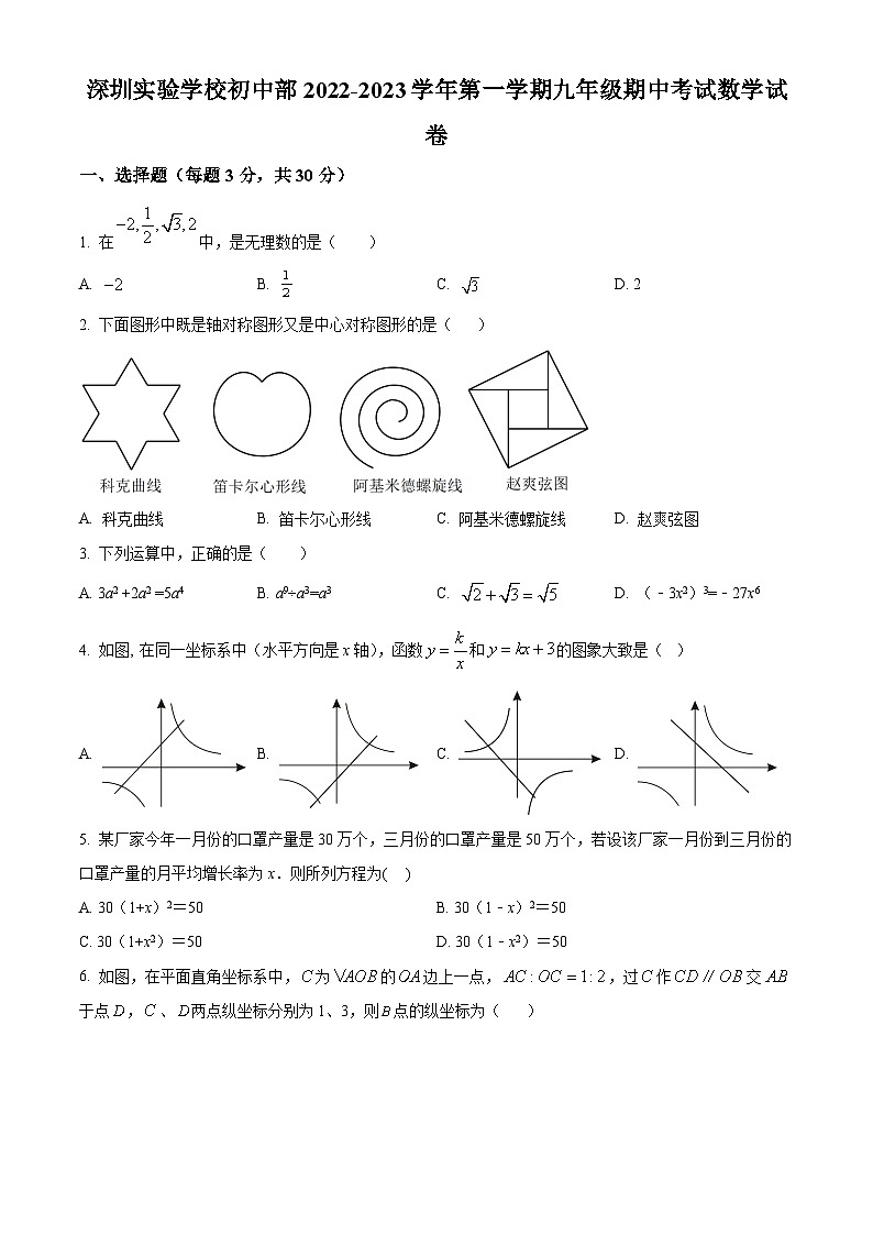 精品解析：广东省深圳市深圳实验学校初中部2022-2023学年九年级上学期期中考试数学试卷（原卷版）第1页