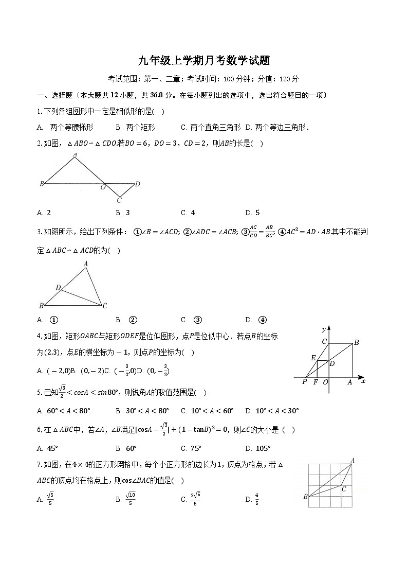 山东省聊城市实验中学2023-2024学年九年级上学期9月月考数学试题第1页