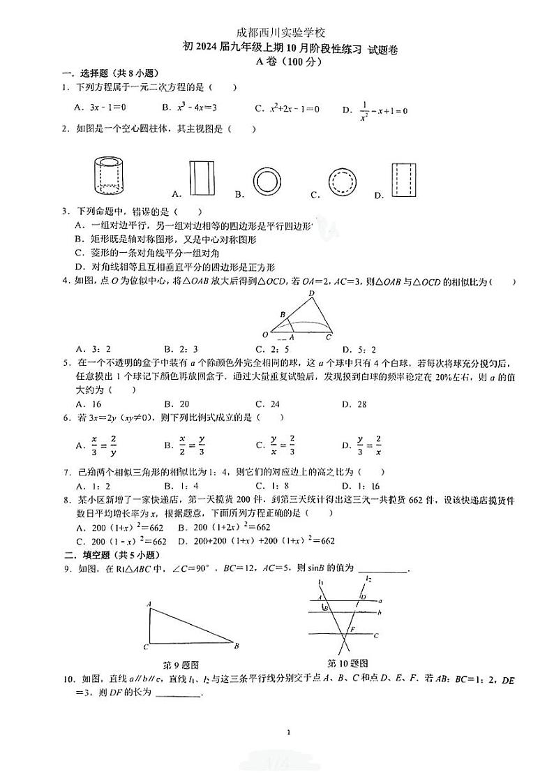 四川省成都市武侯区西川实验学校2023—2024学年上学期10月月考九年级数学试题01
