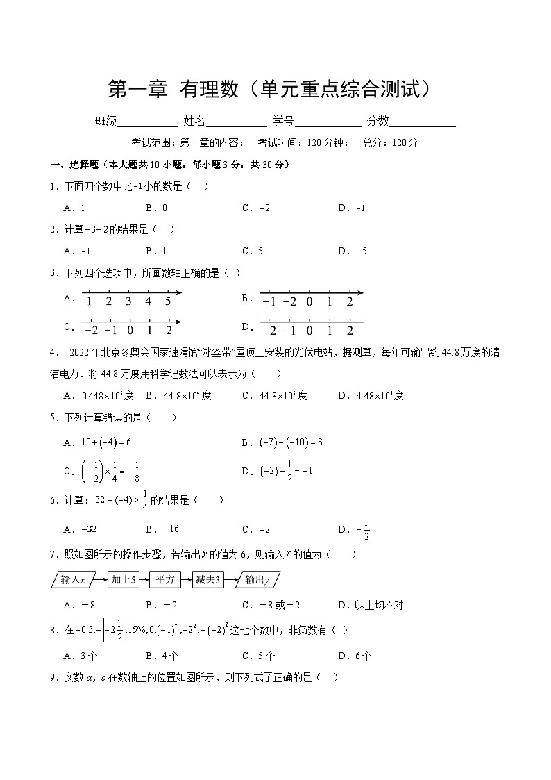 【期中单元测试卷】（人教版）2023-2024学年七年级数学上册 第一章 有理数（单元重点综合测试）（原卷版）第1页