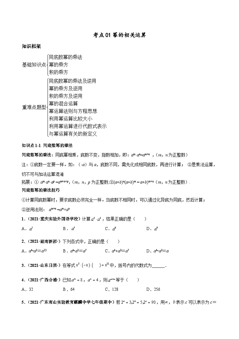 考点01 幂的相关运算-八年级数学上册高频考点专题突破（人教版）01