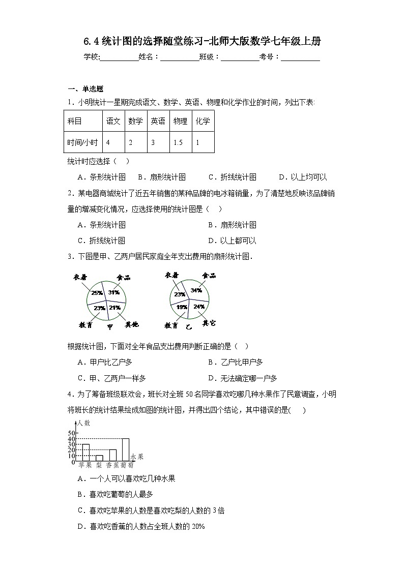 6.4统计图的选择随堂练习-北师大版数学七年级上册01