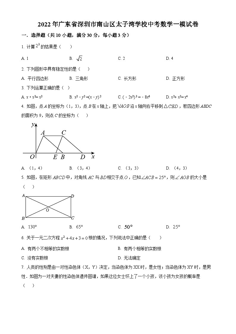 精品解析：2022年广东省深圳市南山区太子湾学校中考数学一模试卷01