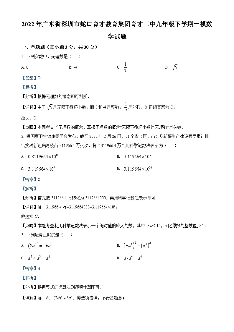 精品解析：2022年广东省深圳市蛇口育才教育集团育才三中九年级下学期一模数学试题（解析版）第1页