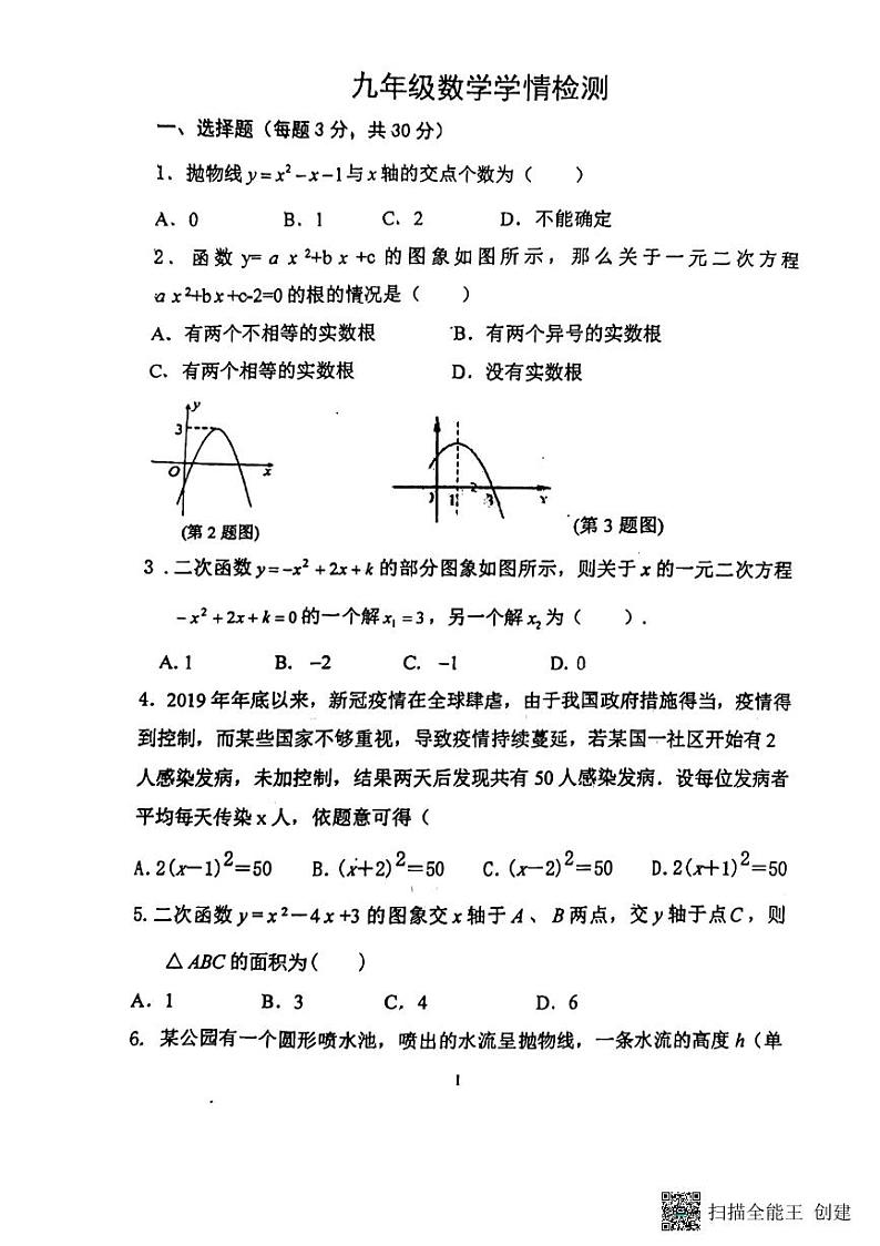山东省临沂市实验中学2023—2024学年上学期10月月考九年级数学试题第1页