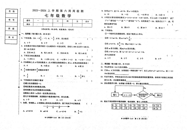 辽宁省鞍山市海城市、台安县、岫岩县部分学校2023-2024学年七年级上学期第一次月考数学试卷第1页