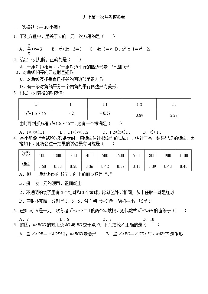 河南省郑州市枫杨外国语东校区（东枫杨）2023—2024学年上学期九年级数学第一次月考模拟试卷01