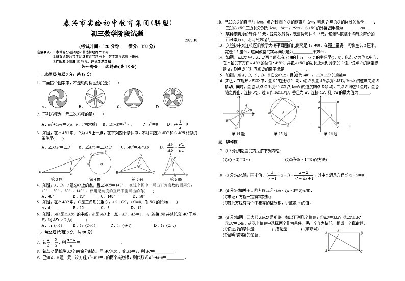 江苏省泰州市 泰兴市实验初中教育集团澄江分校2023-2024学年九年级上学期10月月考数学试题01