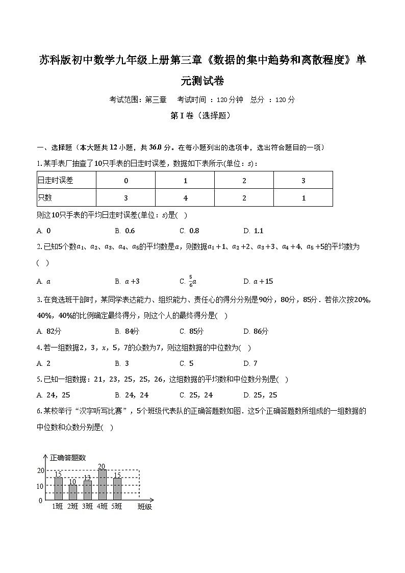 苏科版初中数学九年级上册第三章《数据的集中趋势和离散程度》单元测试卷（较易）（含答案解析）01