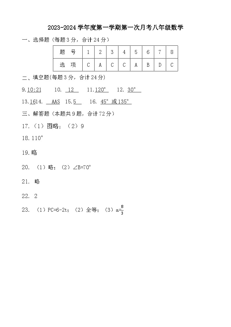 江苏省盐城市东台市第五联盟2023--2024学年上学期八年级数学十月检测试题01