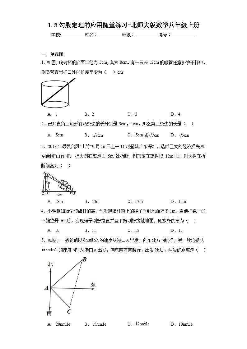 1.3勾股定理的应用随堂练习-北师大版数学八年级上册01