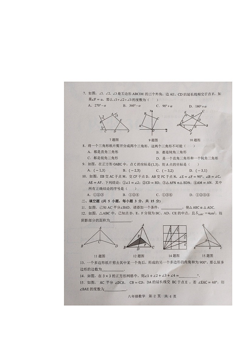 山东省济宁市金乡县2023-2024学年上学期八年级数学10月月考试题第2页