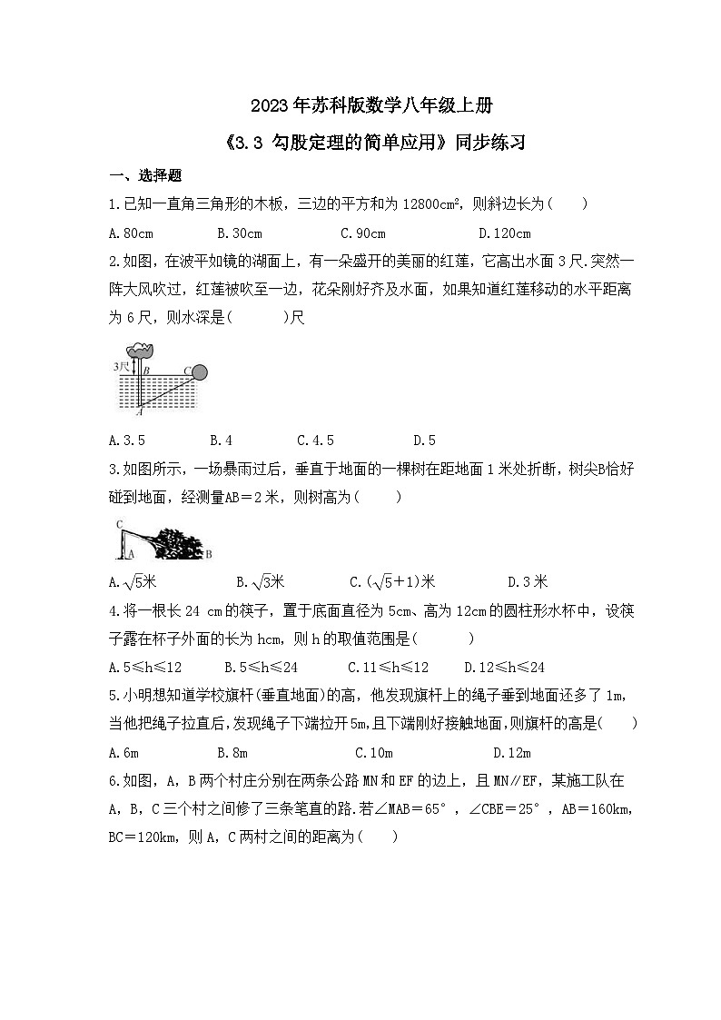 2023年苏科版数学八年级上册《3.3 勾股定理的简单应用》同步练习（含答案）01