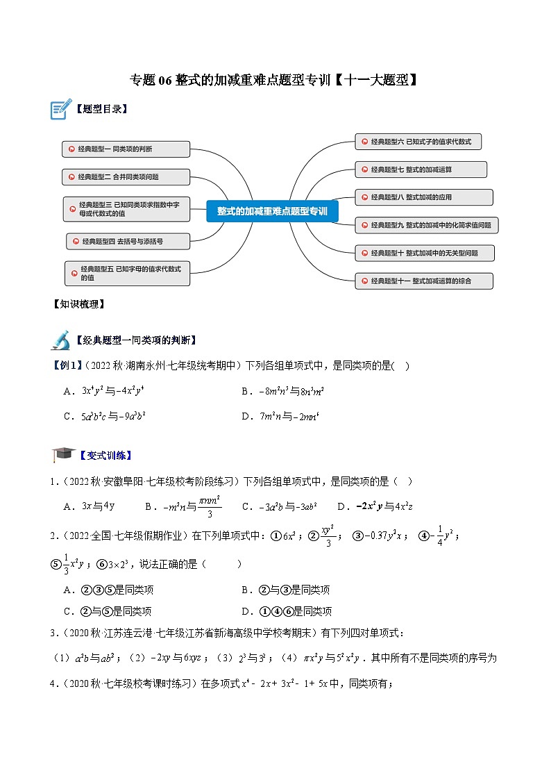专题06 整式的加减重难点题型专训（十一大题型）-2023-2024学年七年级数学上册重难点专题提升精讲精练（人教版）01