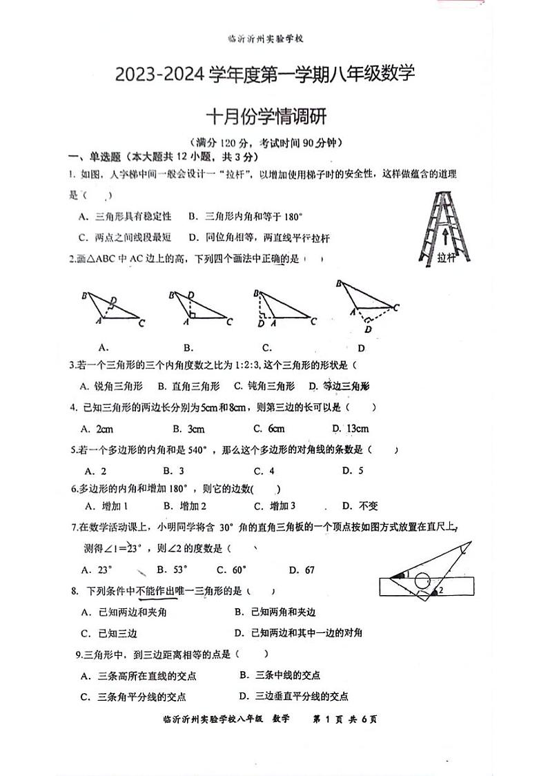 山东省临沂市兰山区沂州实验学校2023-2024学年上学期10月月考八年级数学试题第1页