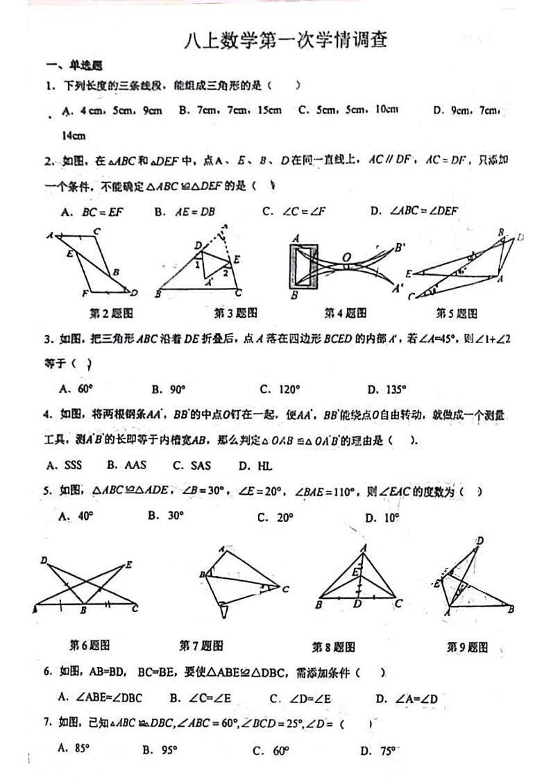 山东省临沂市兰山区临沂实验中学八年级上册2023——2024学年上学期10月月考数学试卷第1页