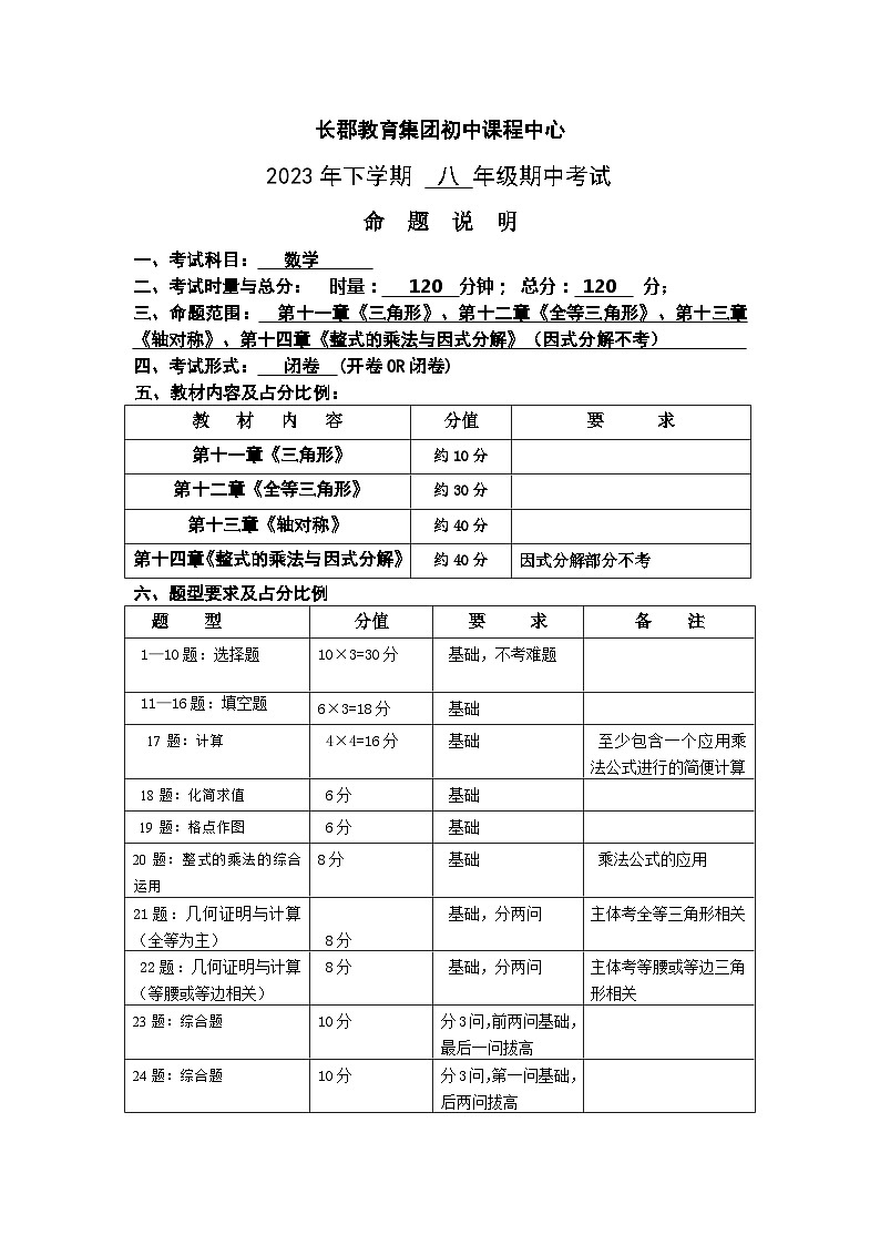 长郡教育集团初中课程中心2023年下学期初二年级数学学科期中考试命题说明第1页