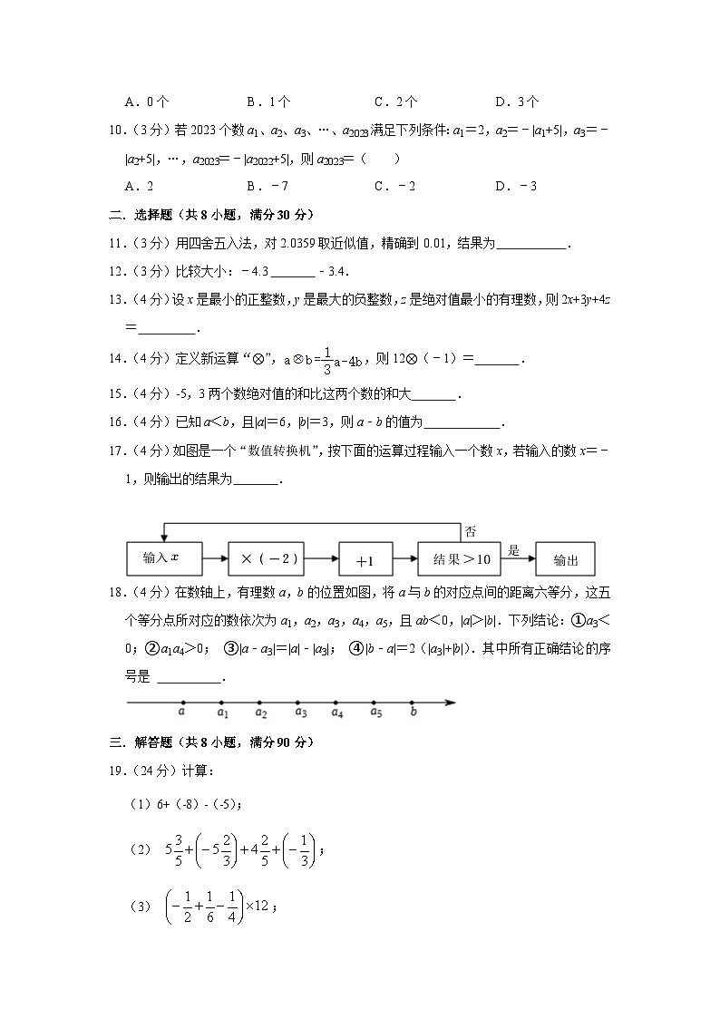 江苏省南通市田家炳中学2023-2024学年七年级上学期数学第一次月考试卷02