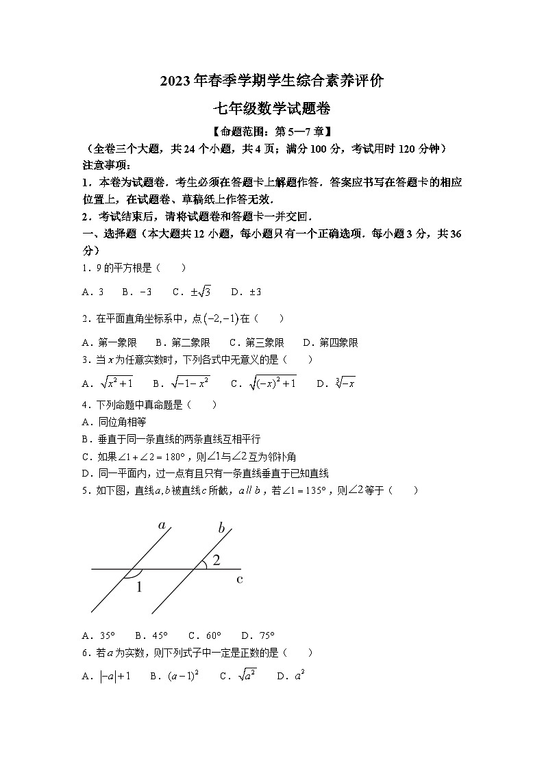 云南省昭通市永善县2022-2023学年七年级下学期期中综合素养评价数学试卷第1页